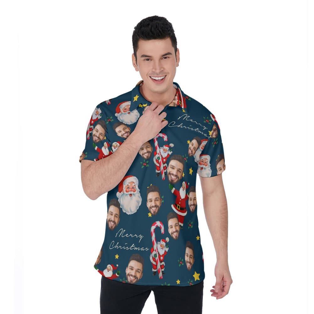 Vintage Santa Claus With Candy Cane Custom Face Christmas Hawaiian Polo Shirt