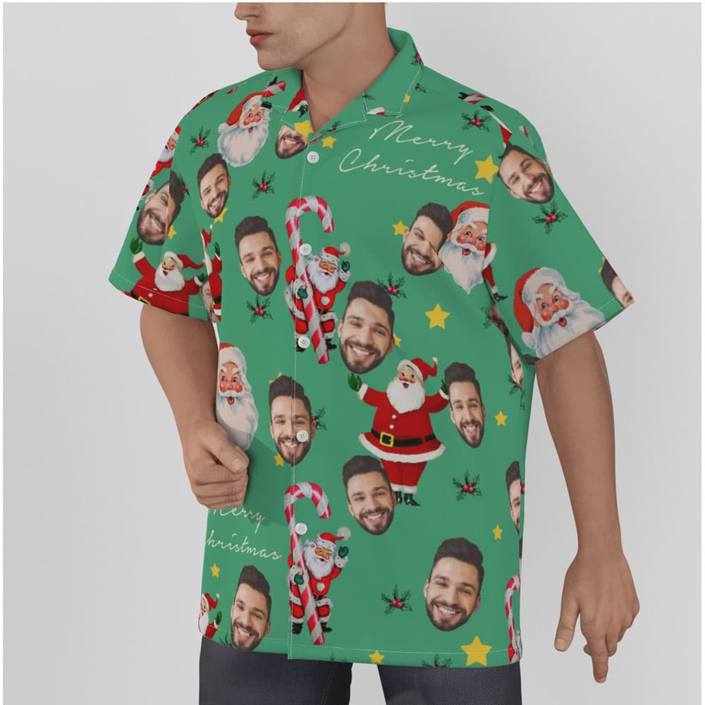 Vintage Santa Claus With Candy Cane Green Christmas Hawaiian Shirt With Custom Face