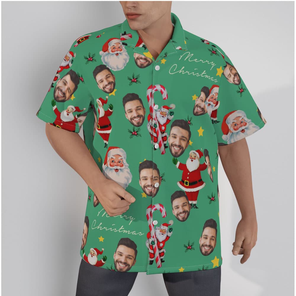 Vintage Santa Claus With Candy Cane Green Christmas Hawaiian Shirt With Custom Face