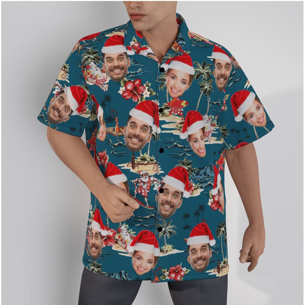 Vintage Summer Santa Claus Navy Hawaiian Shirt With Custom Face