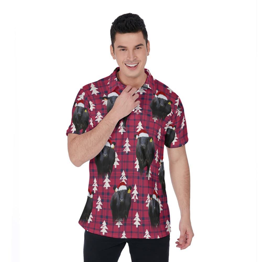 Black Angus Cow Christmas Buffalo Plaid Aloha Polo Shirt For Men