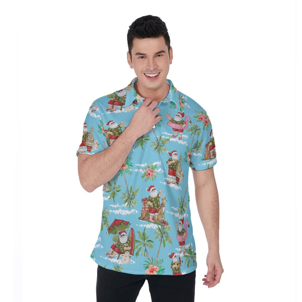 Blue Tropical Beach Christmas Santa Claus Hawaiian Polo Shirt