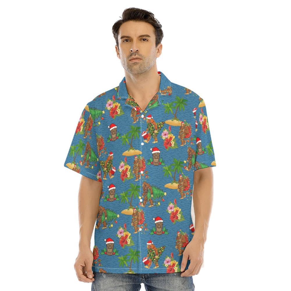 Christmas Bigfoot Tiki Navy Hawaiian Shirt