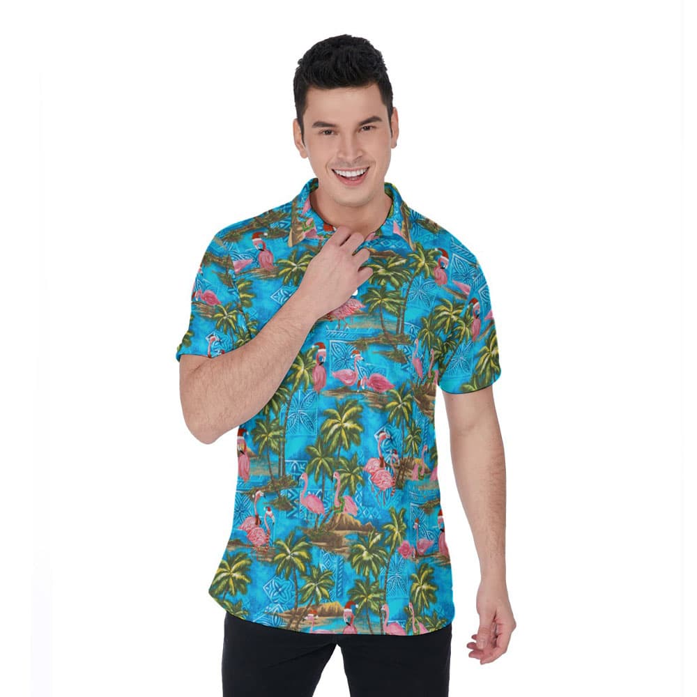 Christmas Flamingo Tropical Blue Hawaiian Polo Shirt For Men