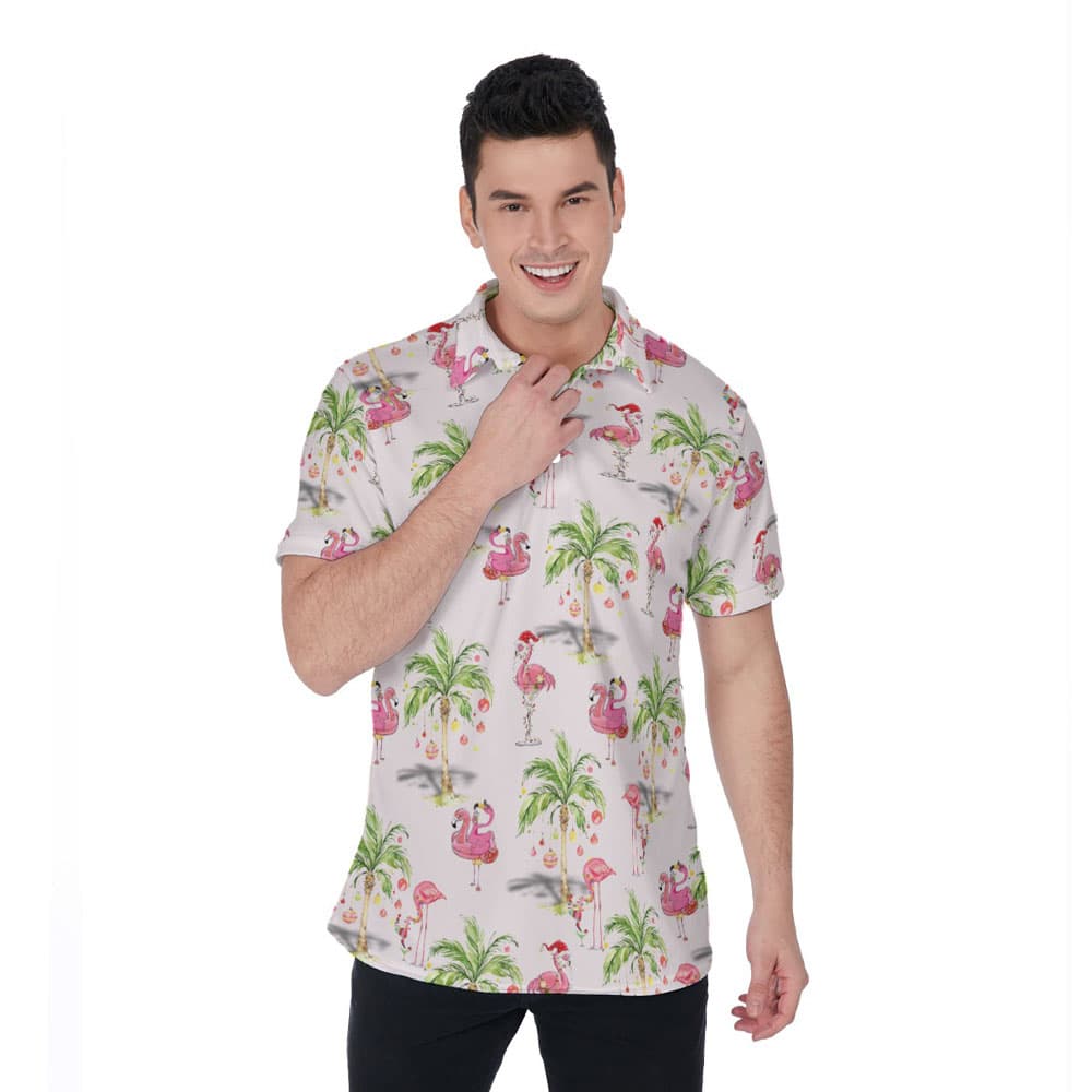Christmas Flamingo Tropical Palm Tree Hawaiian Polo Shirt