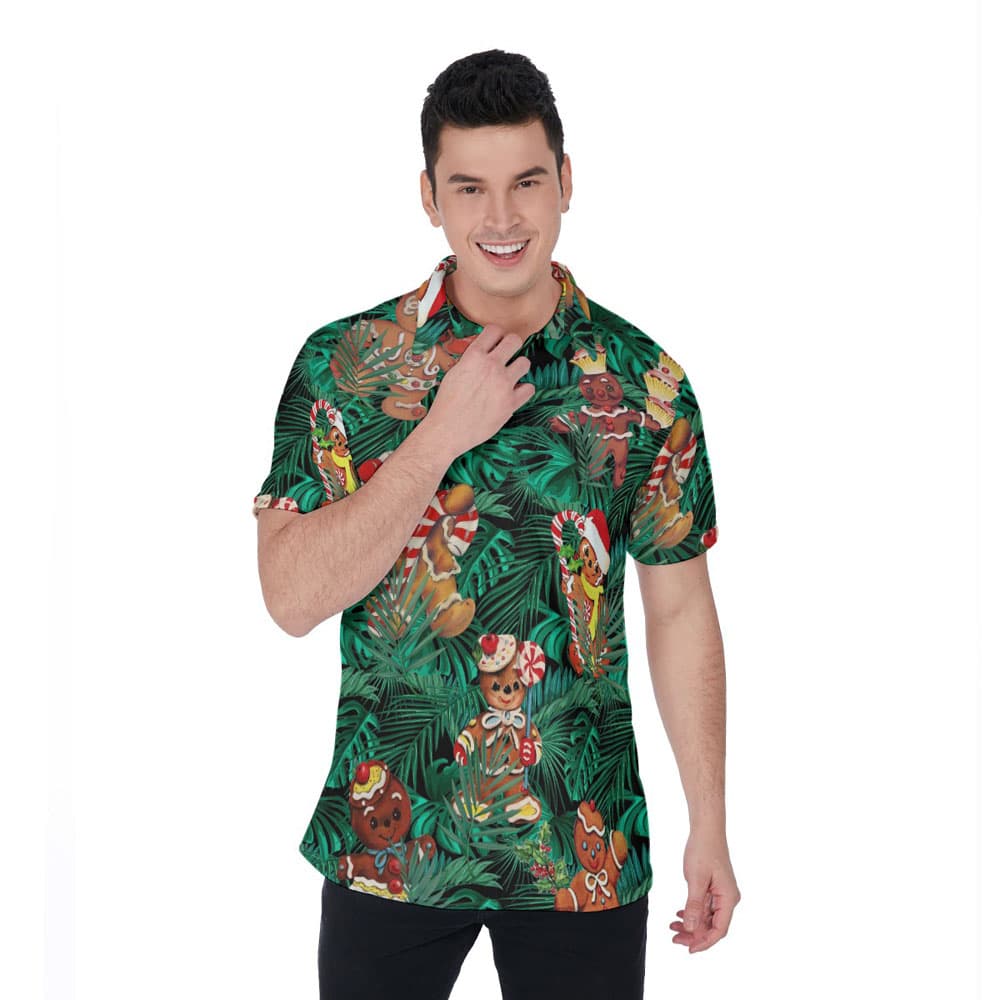 Christmas Gingerbread Tropical Hawaiian Polo Shirt For Men