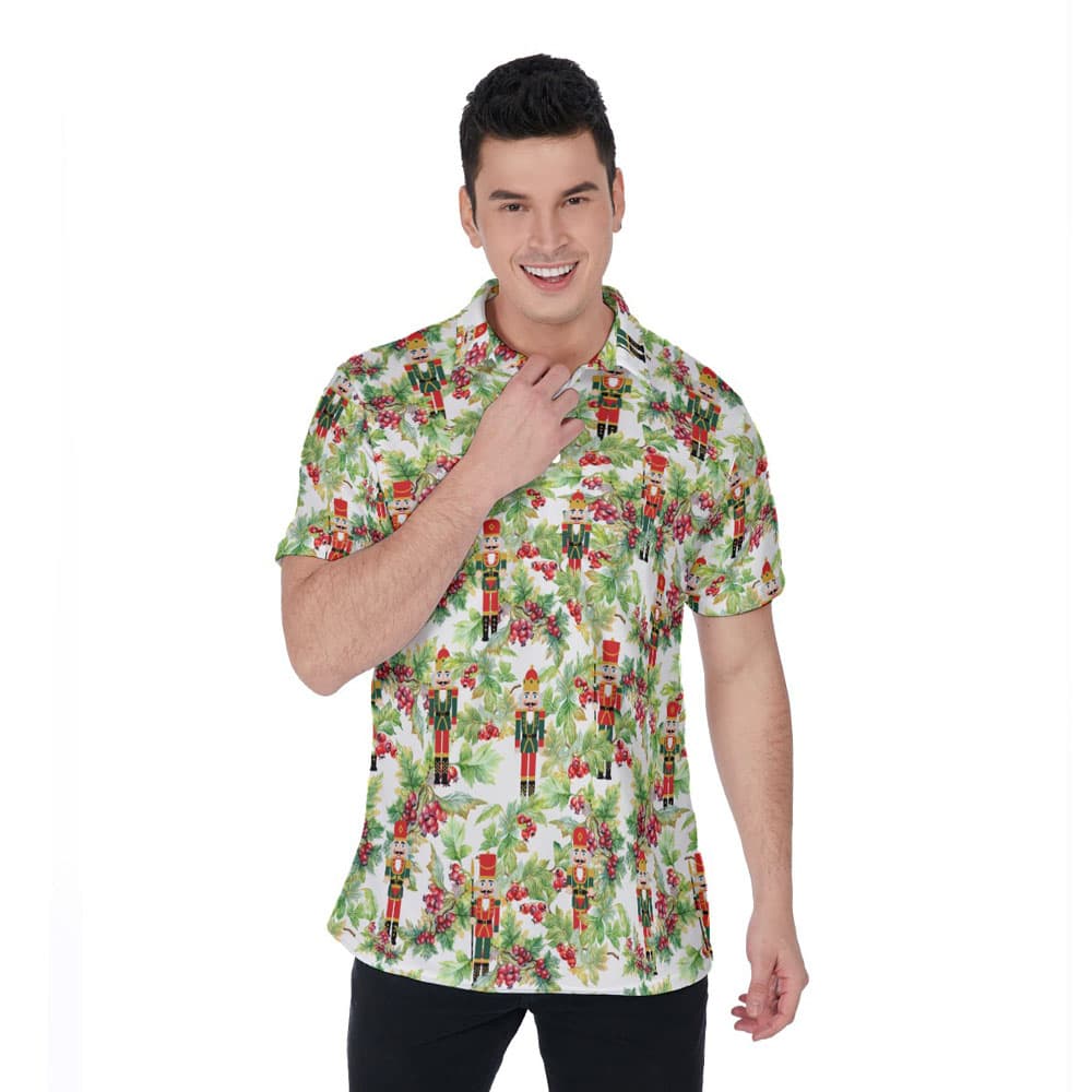 Christmas Nutcracker Tropical Holly Green Hawaiian Polo Shirt For Men