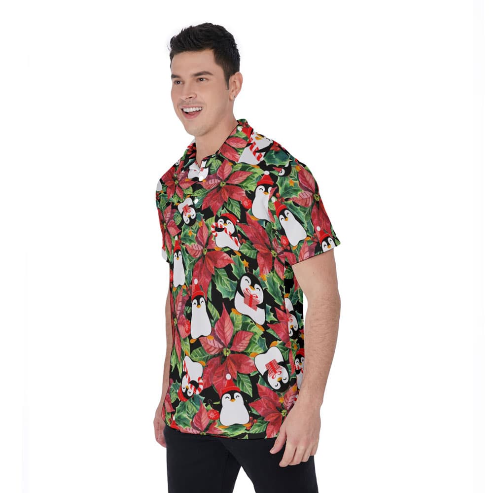 Christmas Penguin Floral Hawaiian Polo Golf Shirt For Men