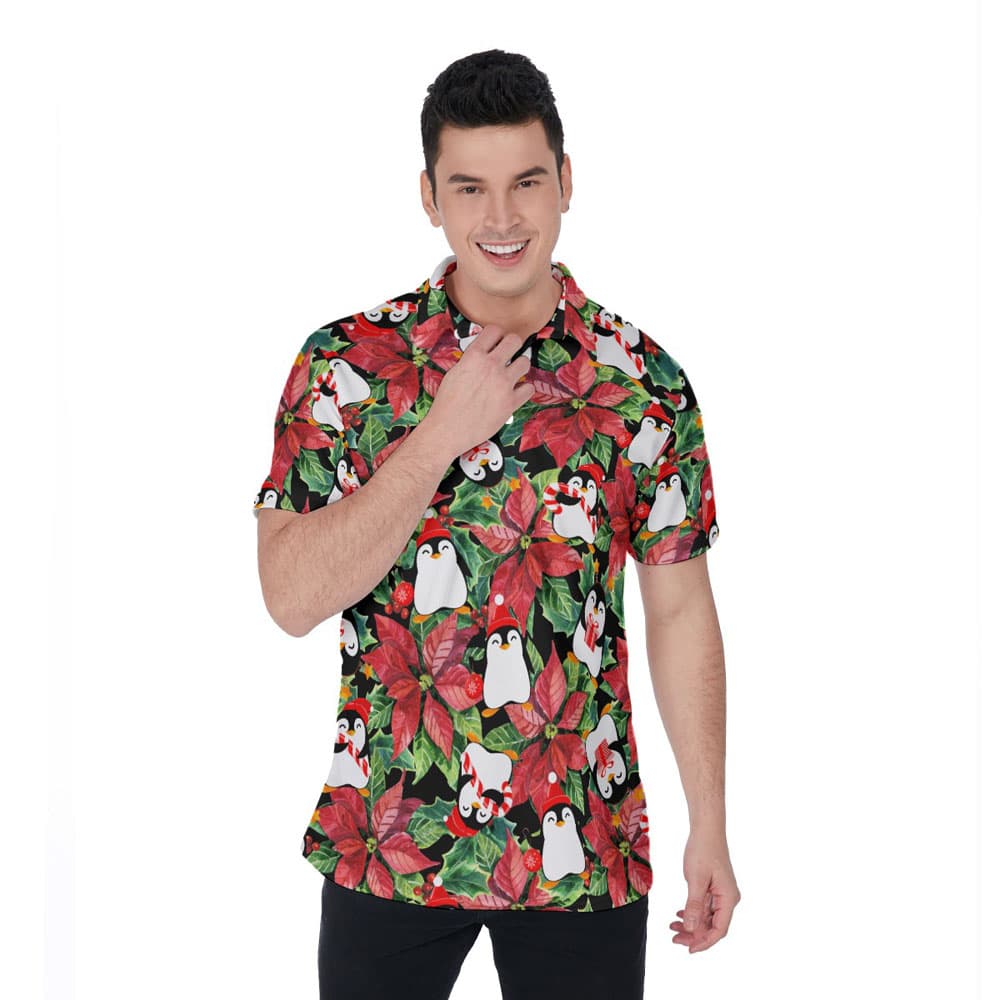 Christmas Penguin Floral Hawaiian Polo Golf Shirt For Men