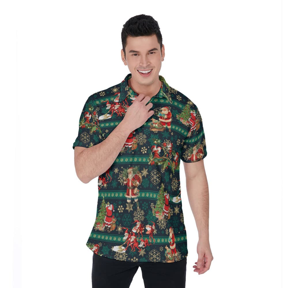 Christmas Santa Claus Vintage Green Hawaiian Polo Shirt