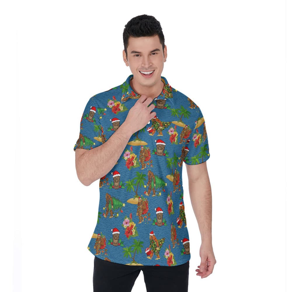 Christmas Tiki Sasquatch Navy Hawaiian Polo Shirt For Men