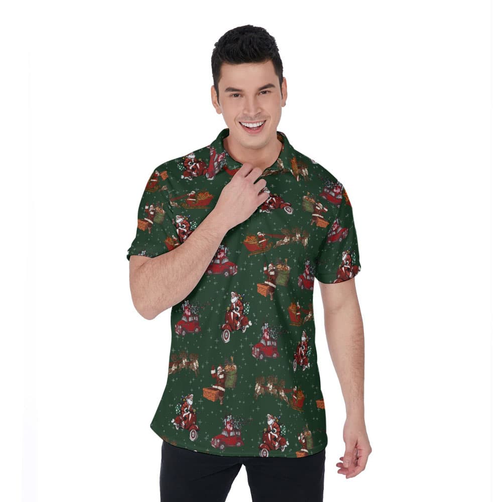 Classic Christmas Santa Claus Green Hawaiian Polo Golf Shirt For Men