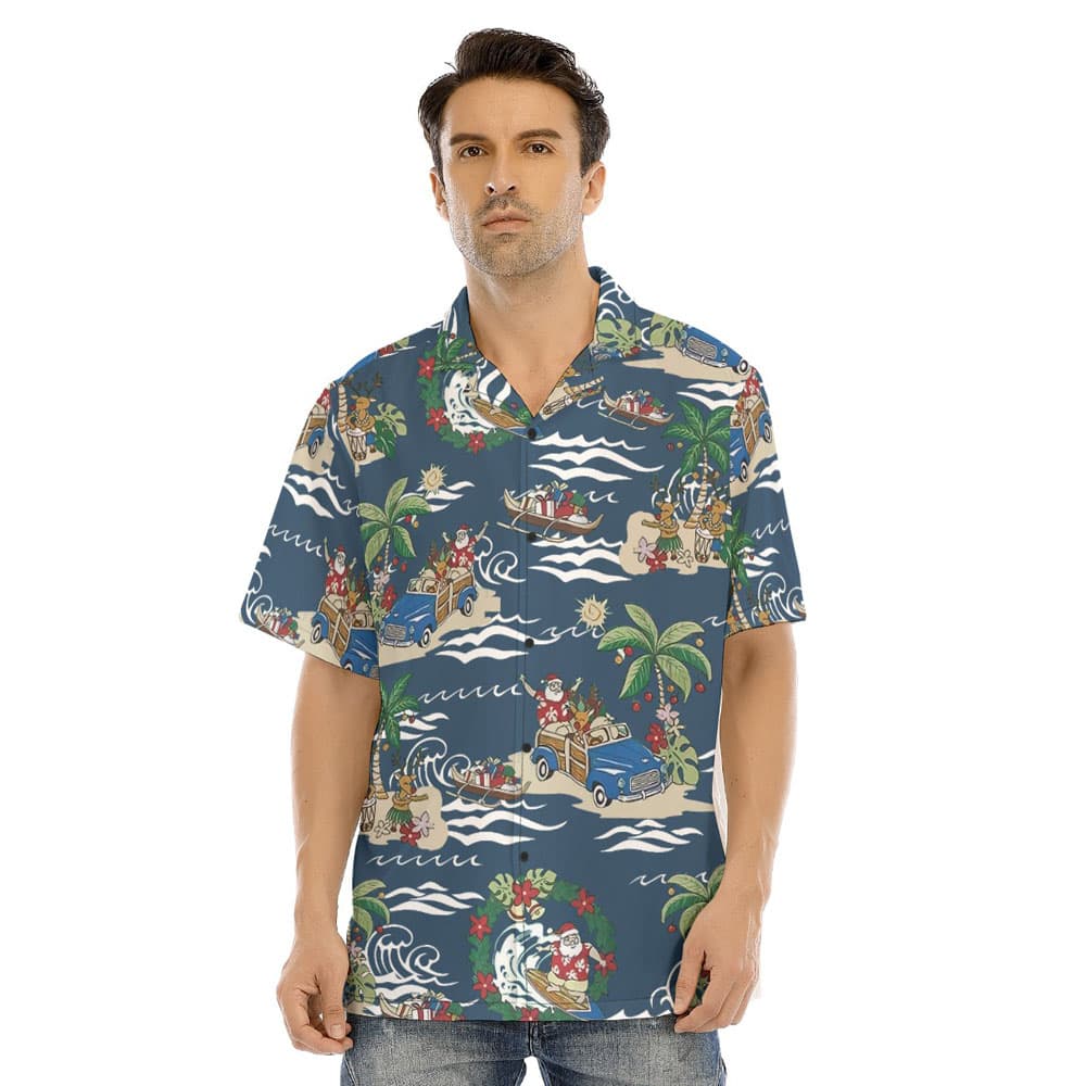 Classic Santa Claus Summer Christmas Navy Hawaiian Shirt
