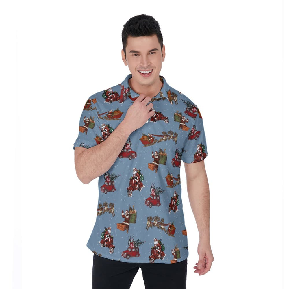 Cute Christmas Santa Claus Vintage Style Blue Hawaiian Polo Shirt