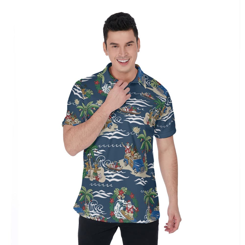 Cute Santa Claus On Beach Christmas Vintage Hawaiian Polo Shirt