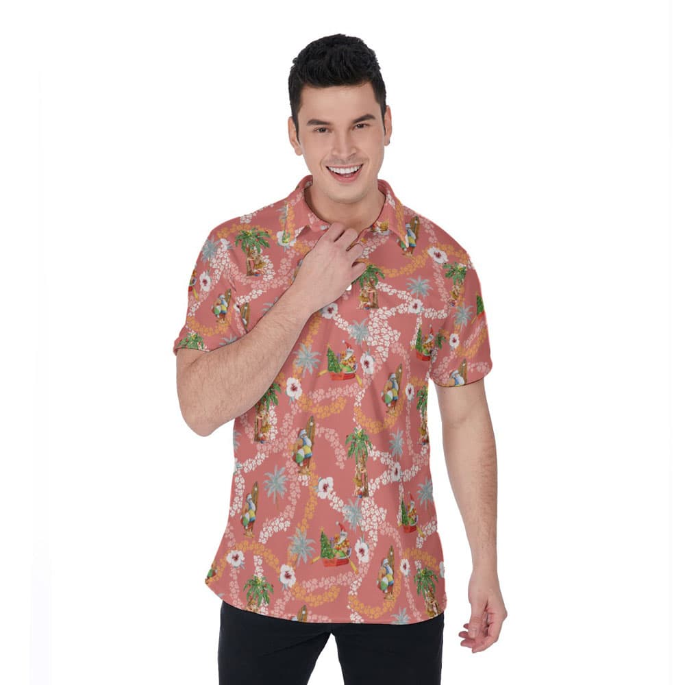 Cute Santa Claus Summer Floral Hawaiian Polo Golf Shirt For Men