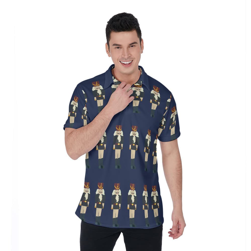 Funny Christmas Nutcracker Hawaiian Navy Polo Shirt For Men