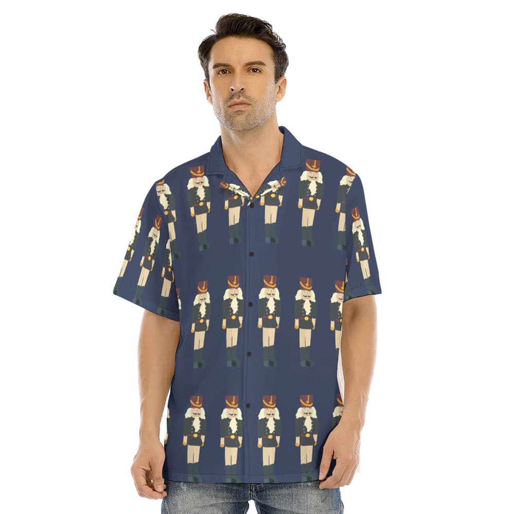 Funny Christmas Nutcracker Navy Hawaiian Men's Collared Shirt