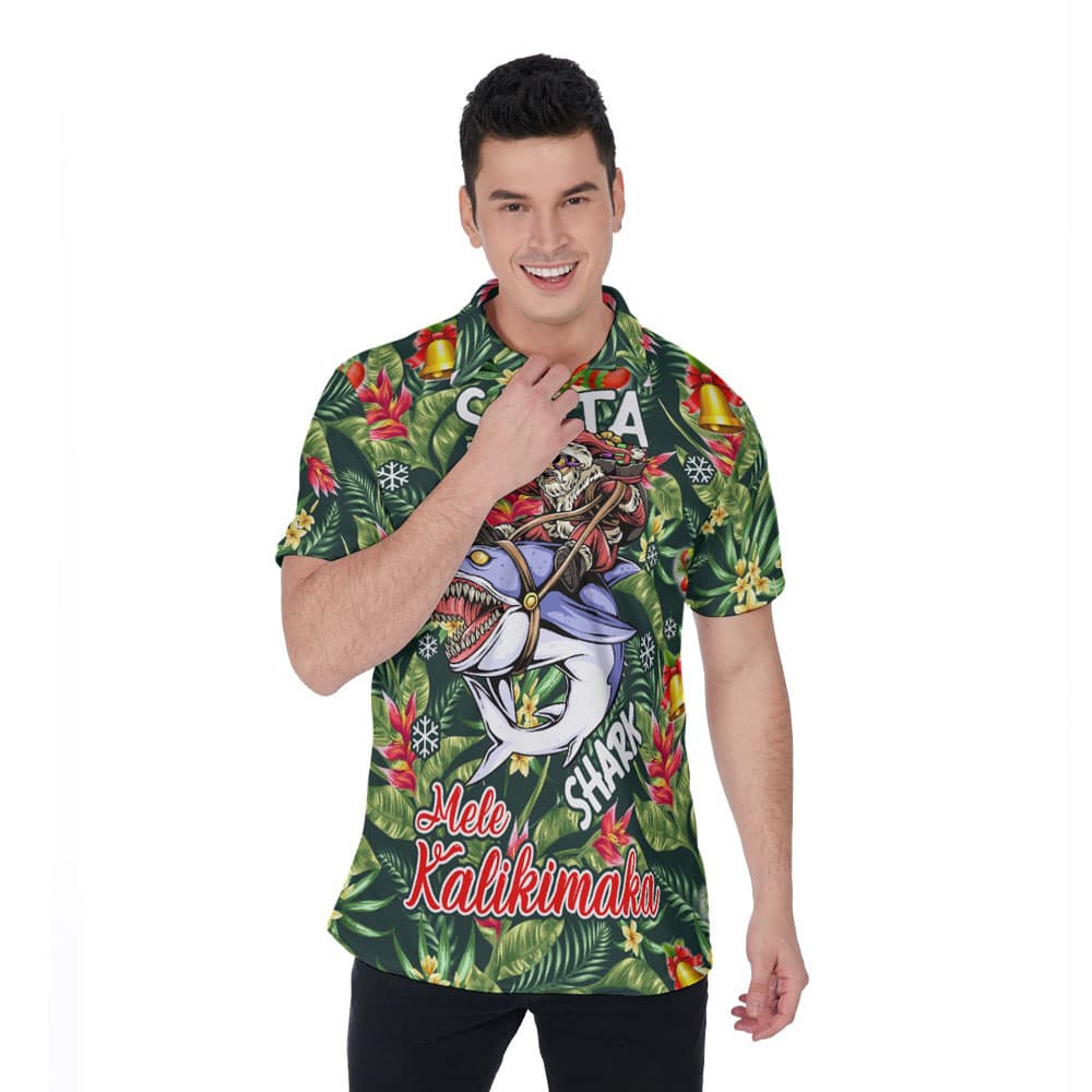 Funny Christmas Santa Riding Shark Tropical Hawaiian Polo Shirt