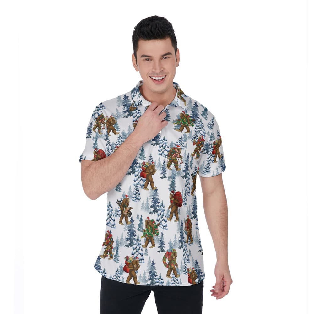 Funny Christmas Sasquatch White Hawaiian Polo Golf Shirt For Men