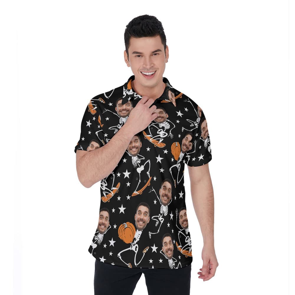 Funny Custom Face Skeleton Halloween Pumpkin Hawaiian Polo Shirt