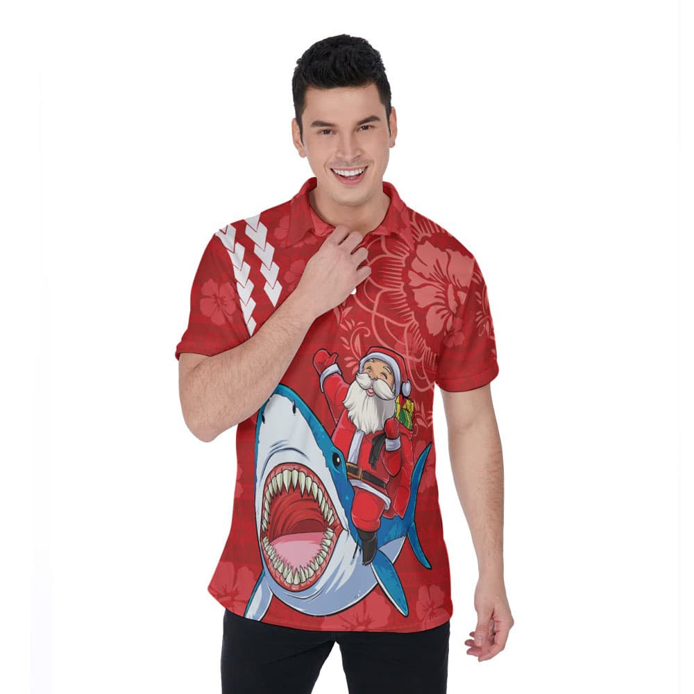 Funny Santa Claus Riding Shark Classic Red Hawaiian Polo Shirt