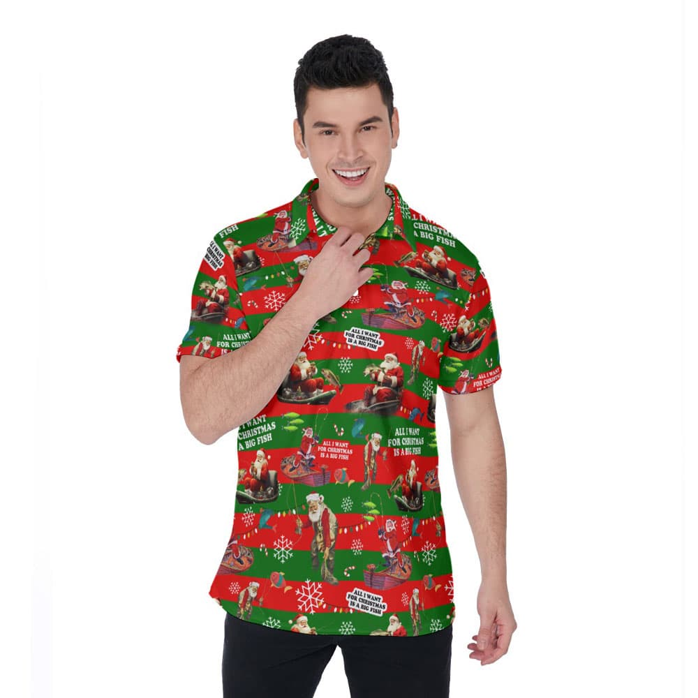 Funny Santa Fishing Christmas Hawaiian Polo Shirt For Men