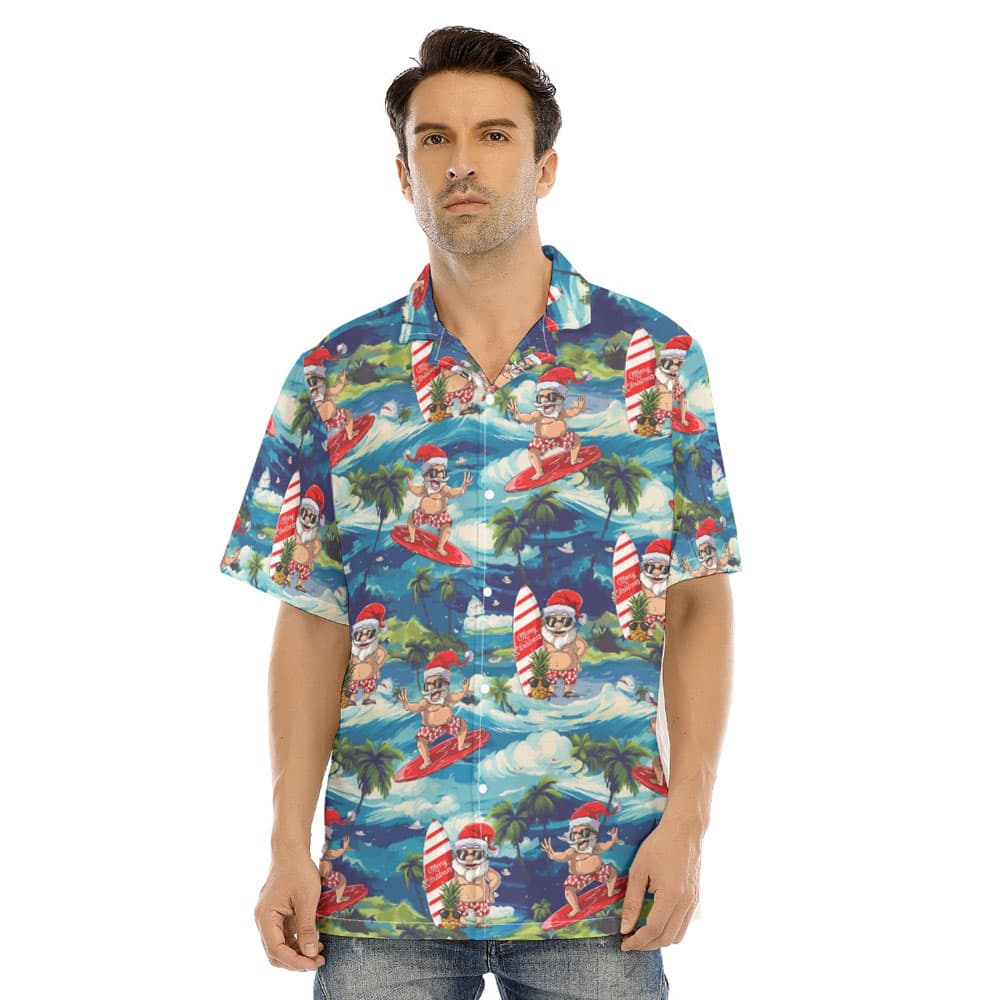 Funny Santa Surfing Tropical Island Hawaiian Shirt