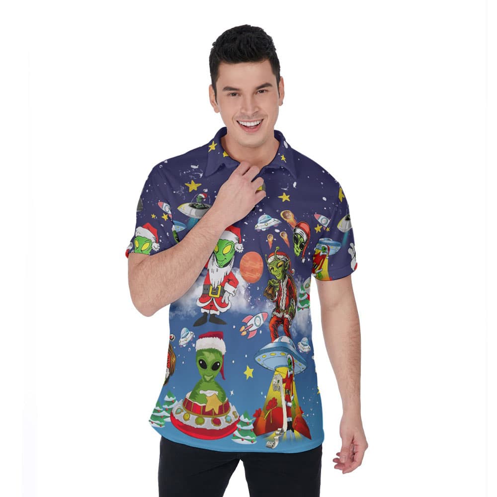 Funny UFO Alien Christmas Hawaiian Polo Shirt
