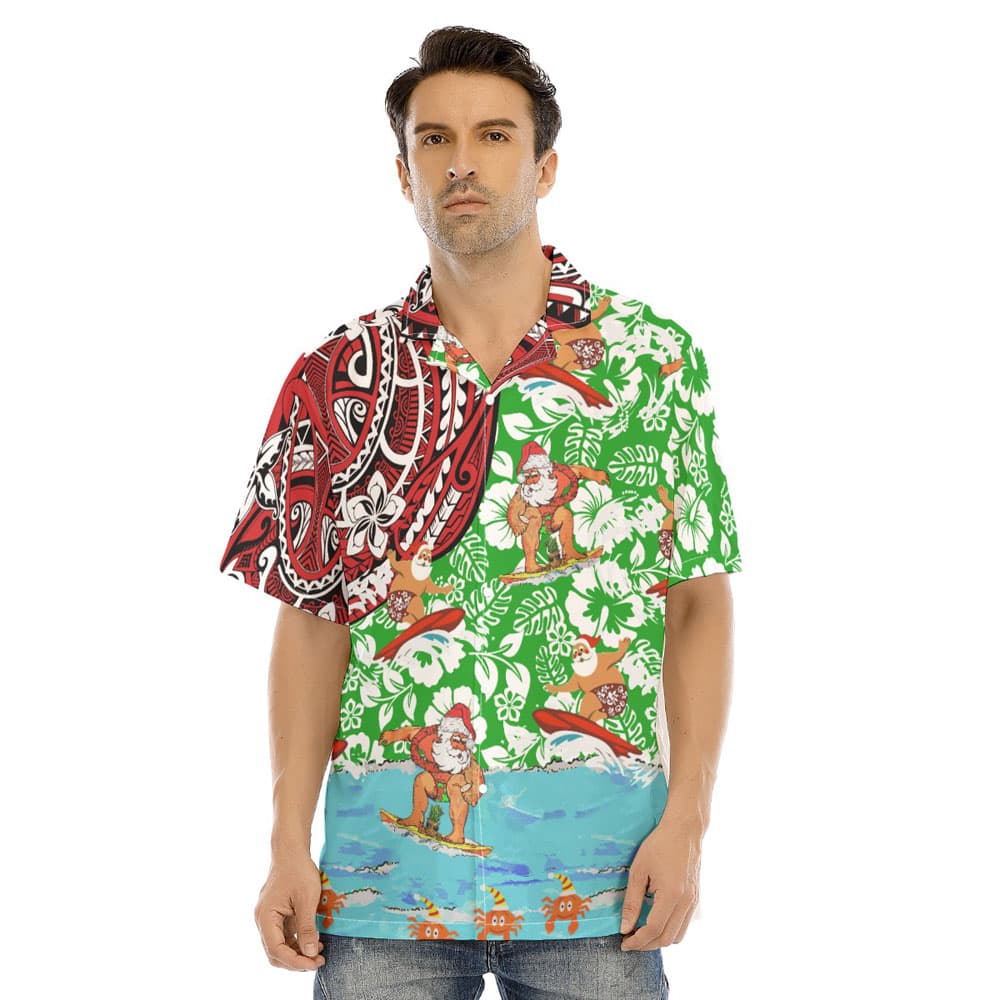 Mele Kalikimaka Funny Santa Surfing Vintage Floral Hawaiian Shirt