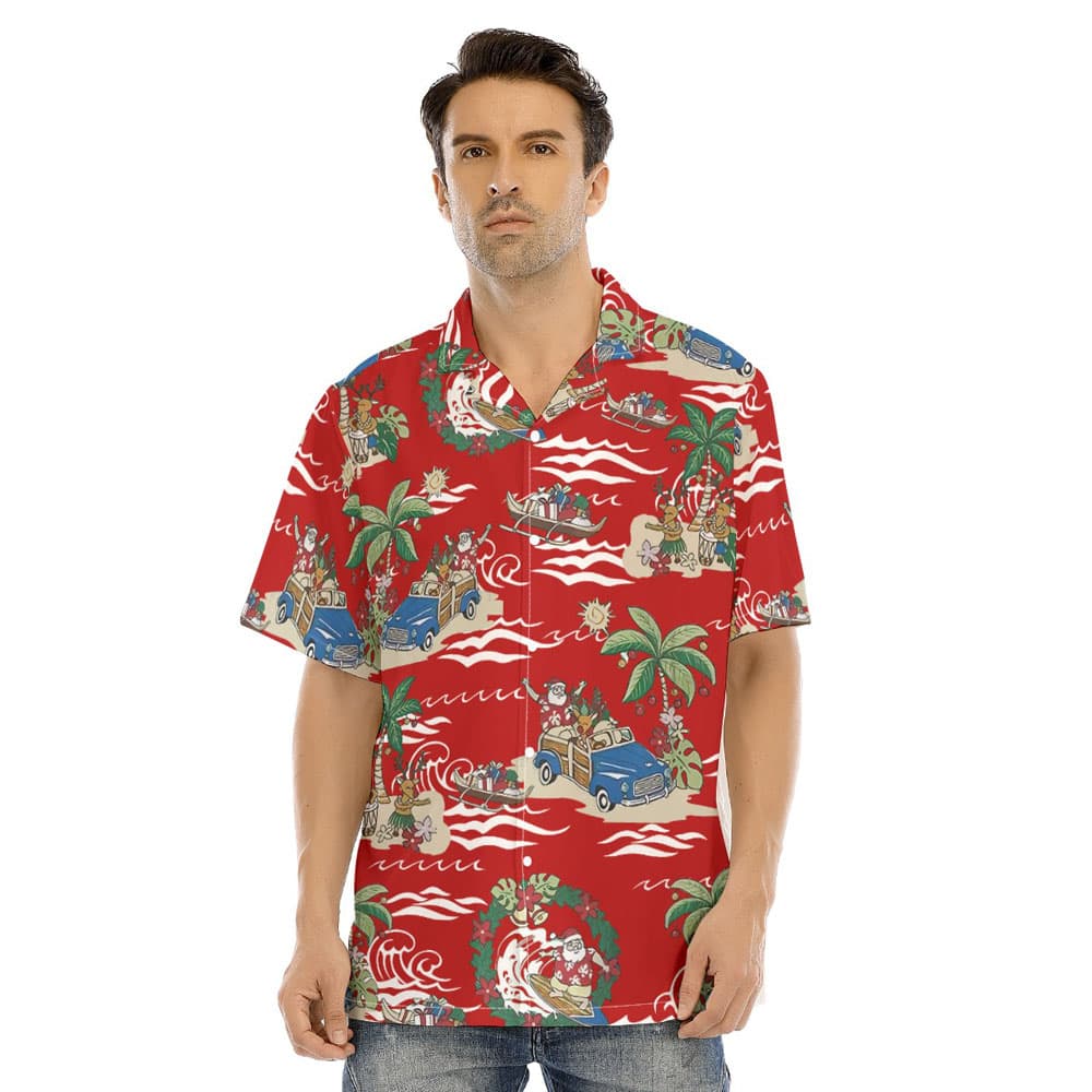 Mele Kalikimaka Santa Claus On Beach Vintage Red Hawaiian Shirt