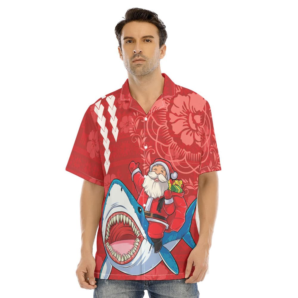 Mele Kalikimaka Santa Riding Shark Vintage Red Hawaiian Shirt