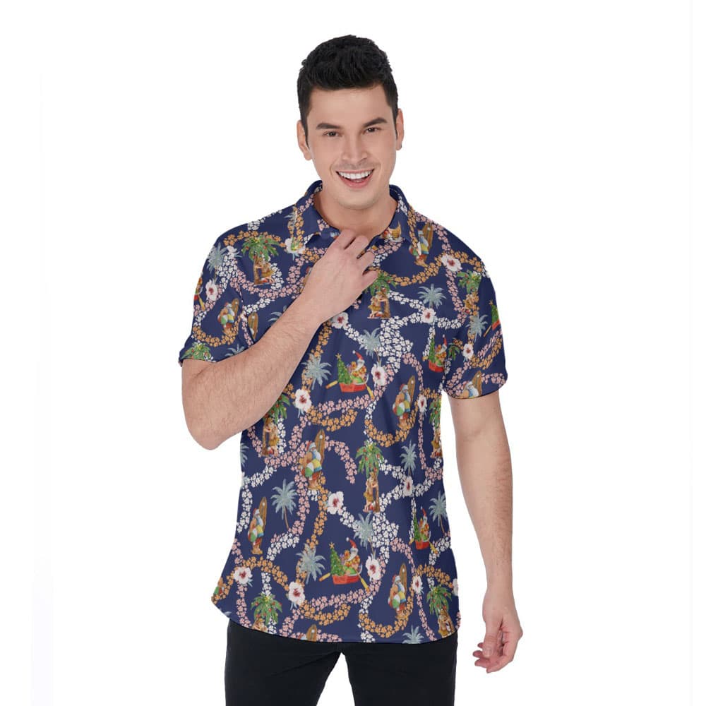 Mele Kalikimaka Summer Santa Floral Navy Hawaiian Polo Shirt