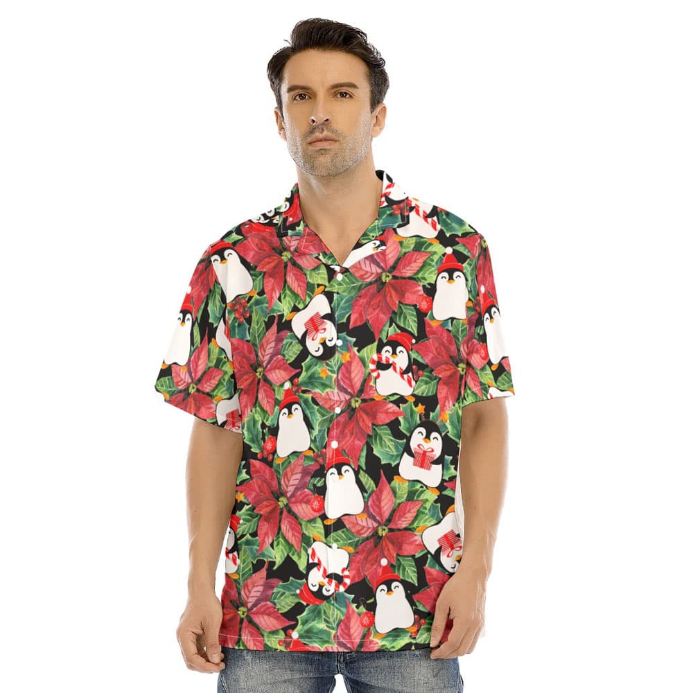 Poinsettia Christmas Penguin Hawaiian Shirt