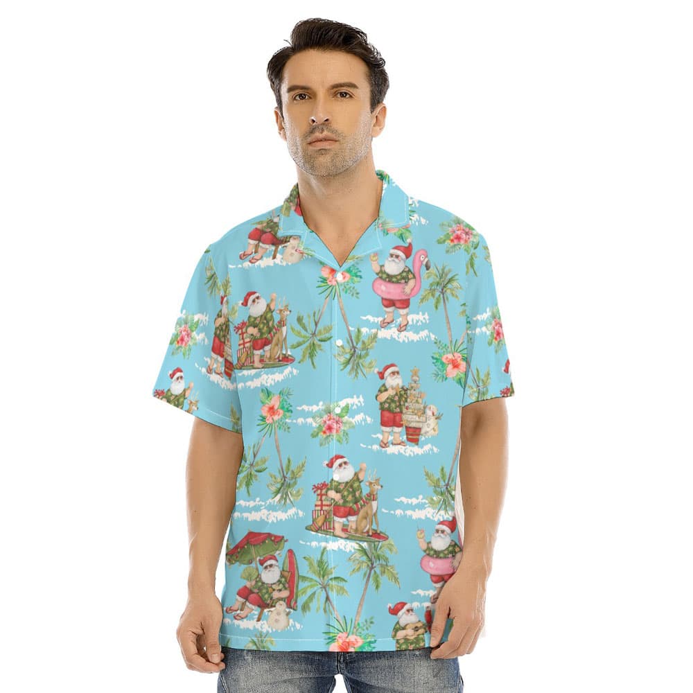 Summer Santa Claus Tropical Palm Tree Blue Hawaiian Shirt