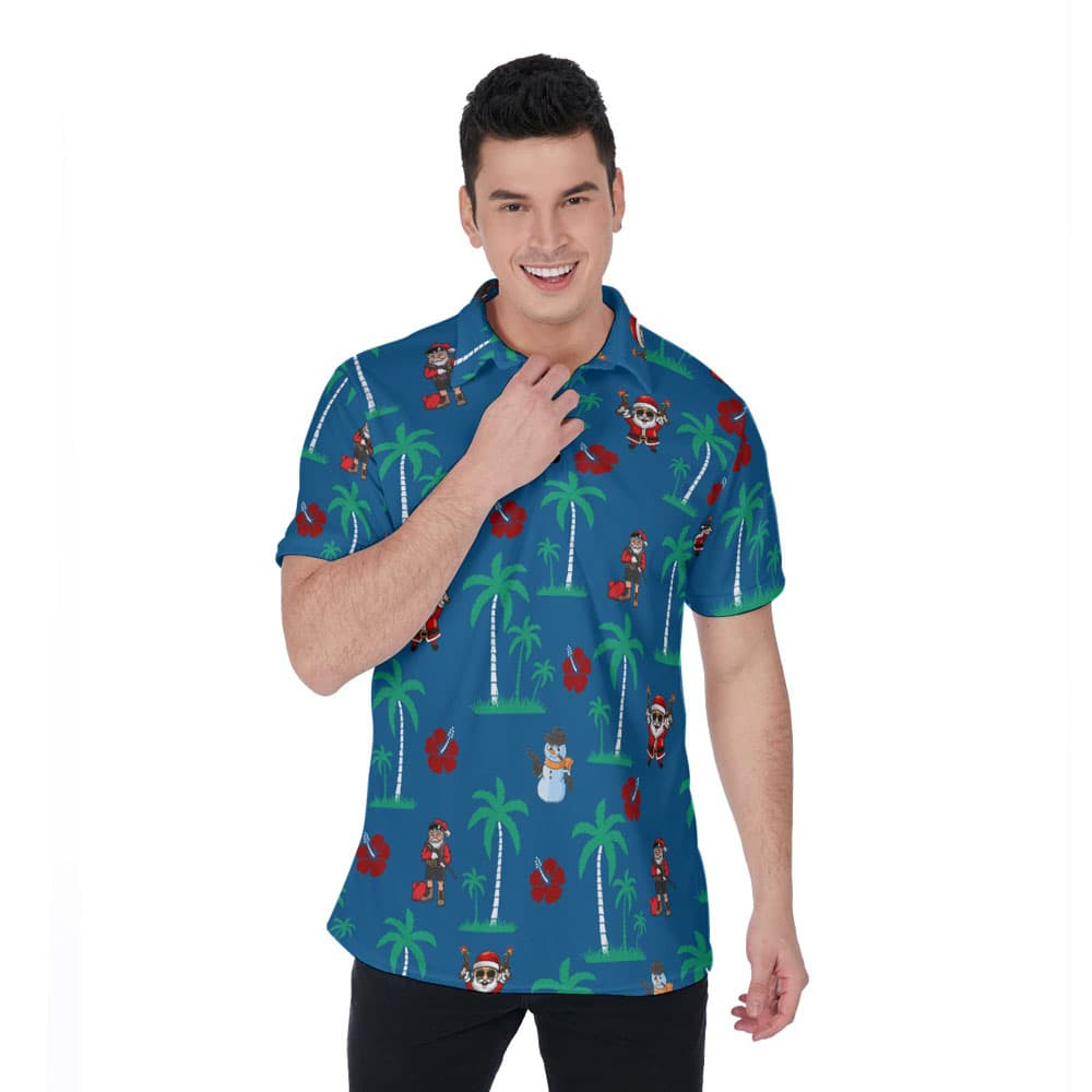 Tactical Santa Claus With Gun Christmas Navy Hawaiian Polo Shirt