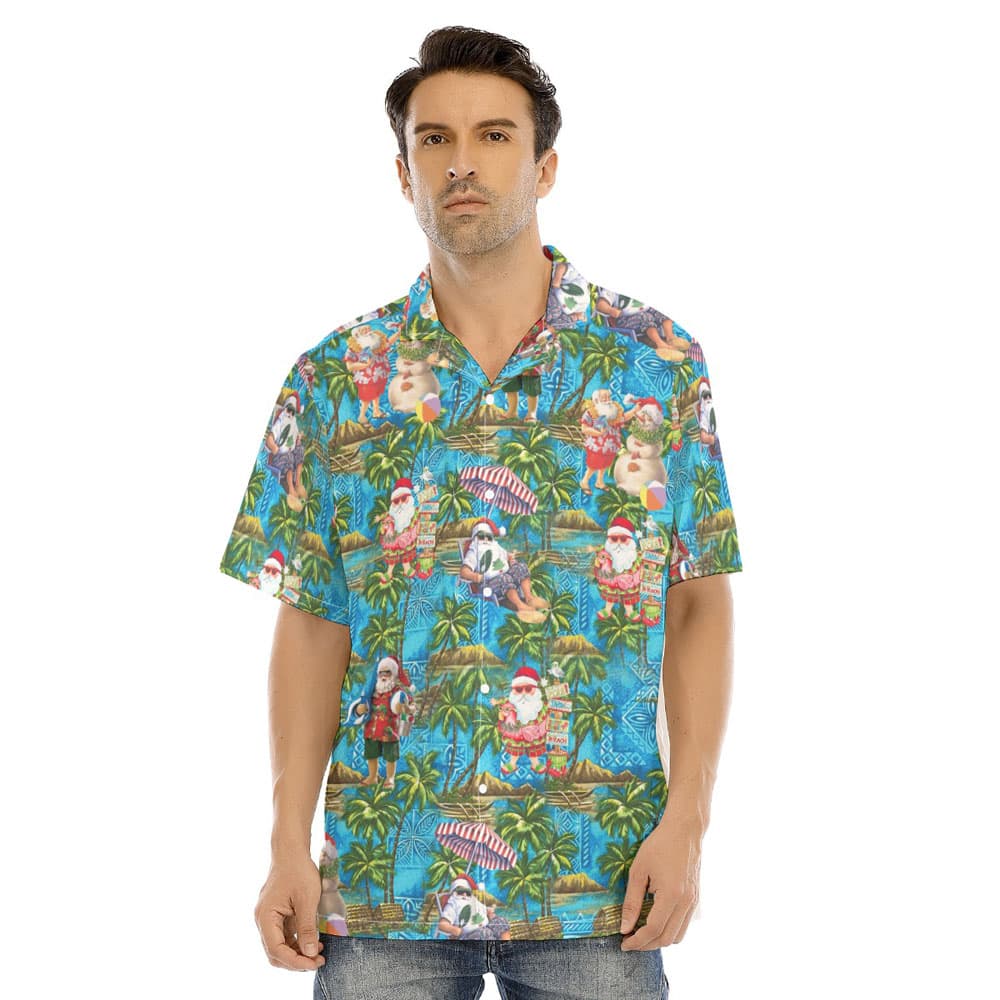 Tropical Beach Theme Santa Claus Blue Hawaiian Shirt