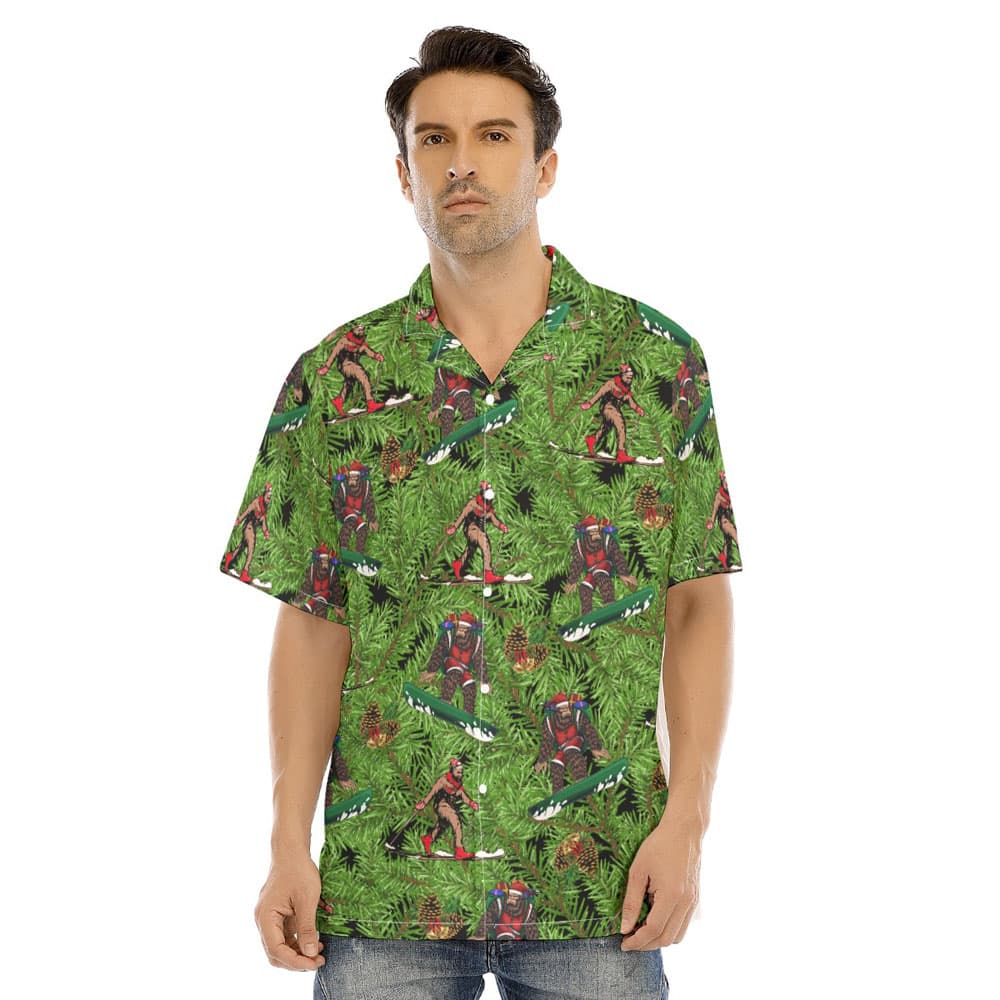 Tropical Bigfoot Skiing Christmas Green Hawaiian Shirt