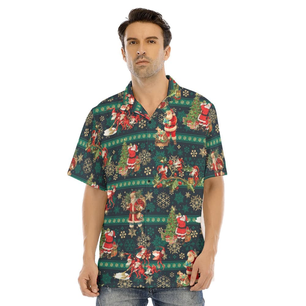 Vintage Christmas Santa Claus Green Hawaiian Shirt