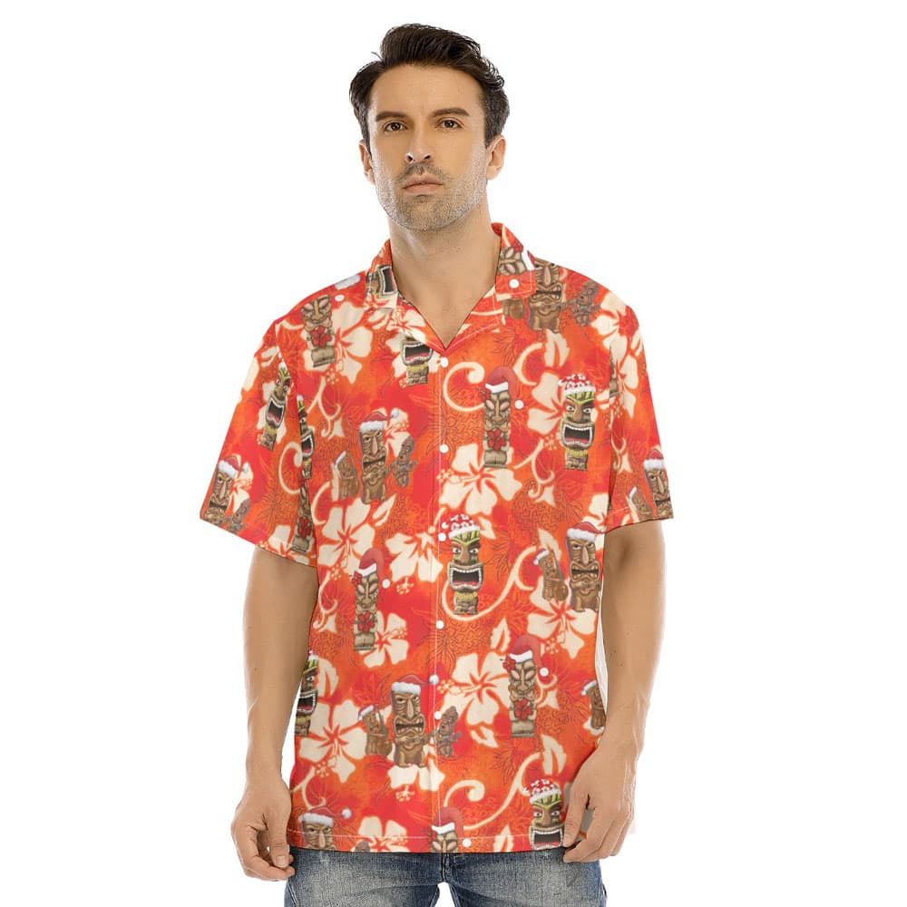 Vintage Christmas Tiki Floral Orange Hawaiian Shirt