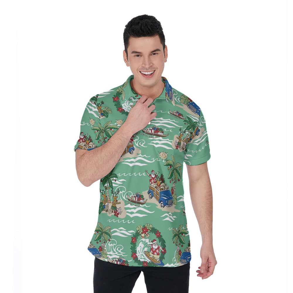 Vintage Santa Christmas On Beach Green Hawaiian Polo Shirt For Men