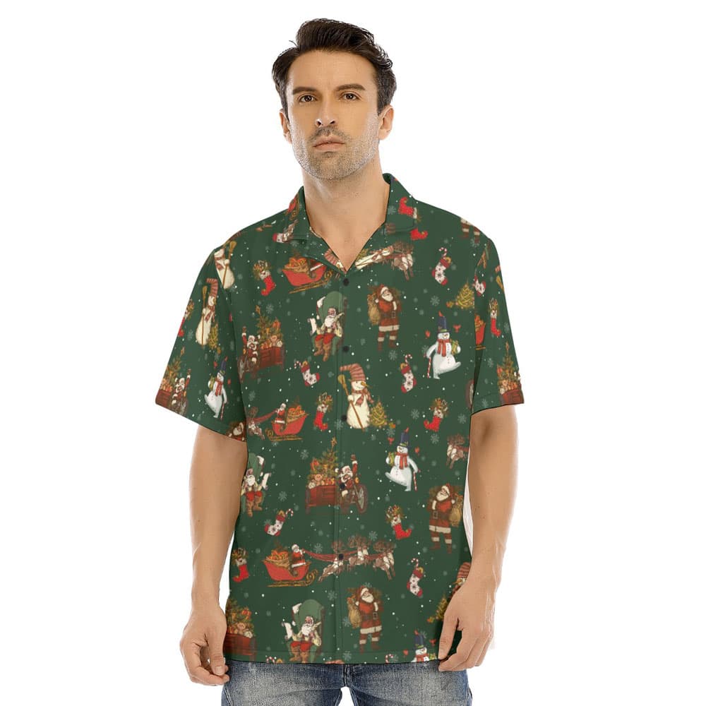 Vintage Santa Claus Snowman Christmas Green Hawaiian Shirt