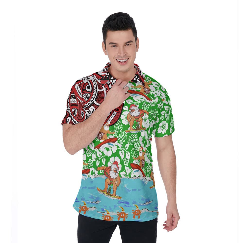 Vintage Santa Surfing Floral Christmas Hawaiian Polo Shirt For Men