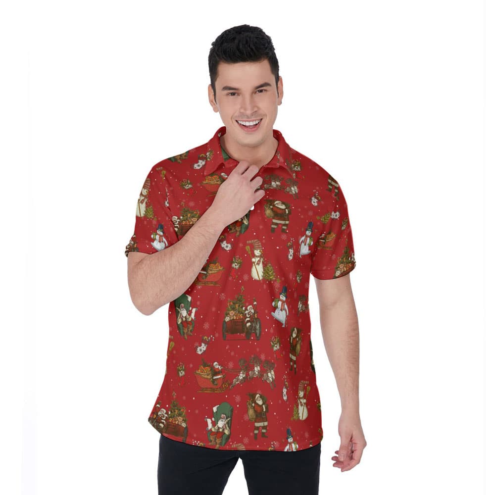 Vintage Snowman Christmas Santa Red Hawaiian Polo Shirt For Men