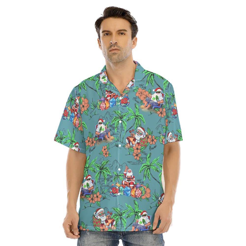 Vintage Summer Santa Claus Palm Tree Green Hawaiian Shirt