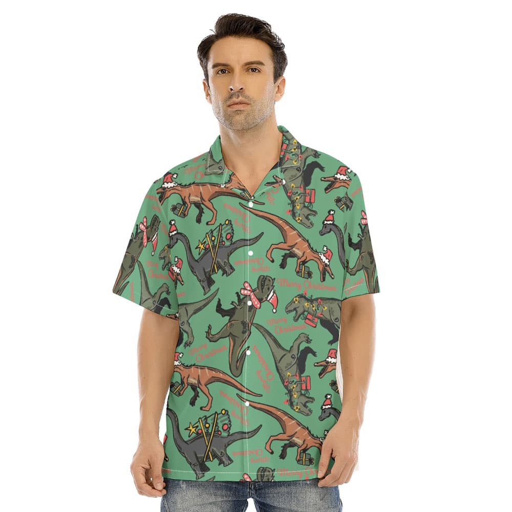 Christmas Dinosaur Men's Green Hawaiian Shirt