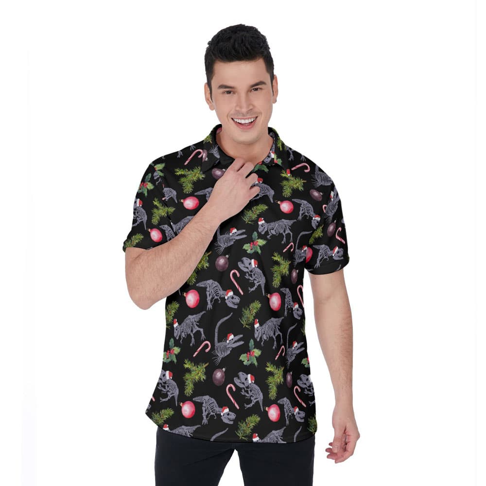 Christmas Dinosaur Skeleton Hawaiian Polo Golf Shirt