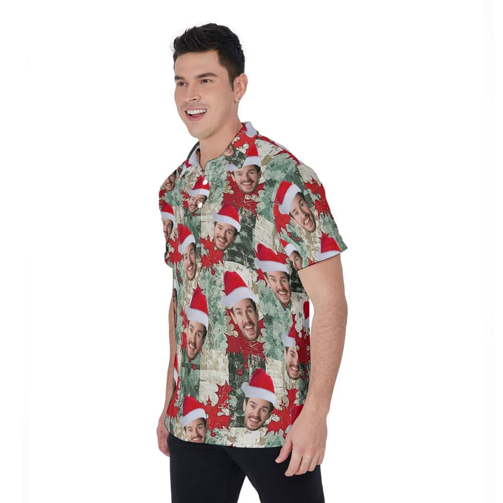 Christmas Holly Patterns Vintage Hawaiian Polo Shirt With Custom Face