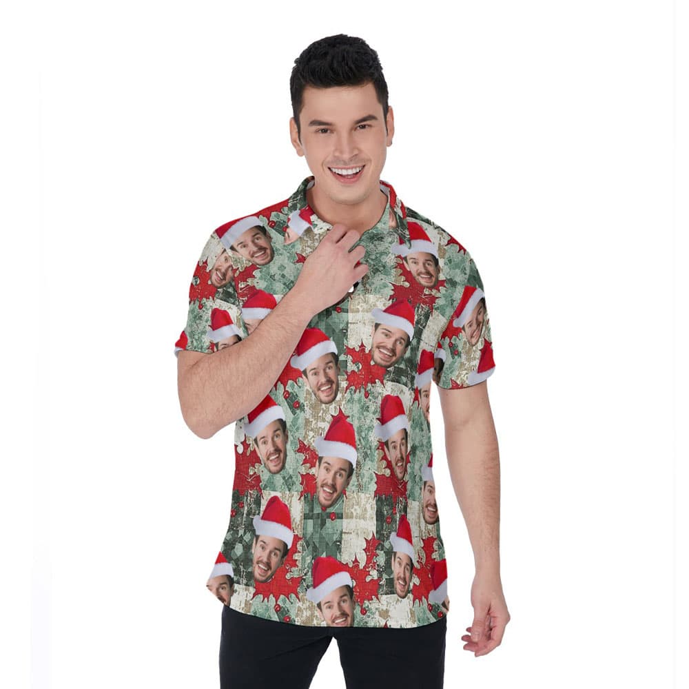 Christmas Holly Patterns Vintage Hawaiian Polo Shirt With Custom Face
