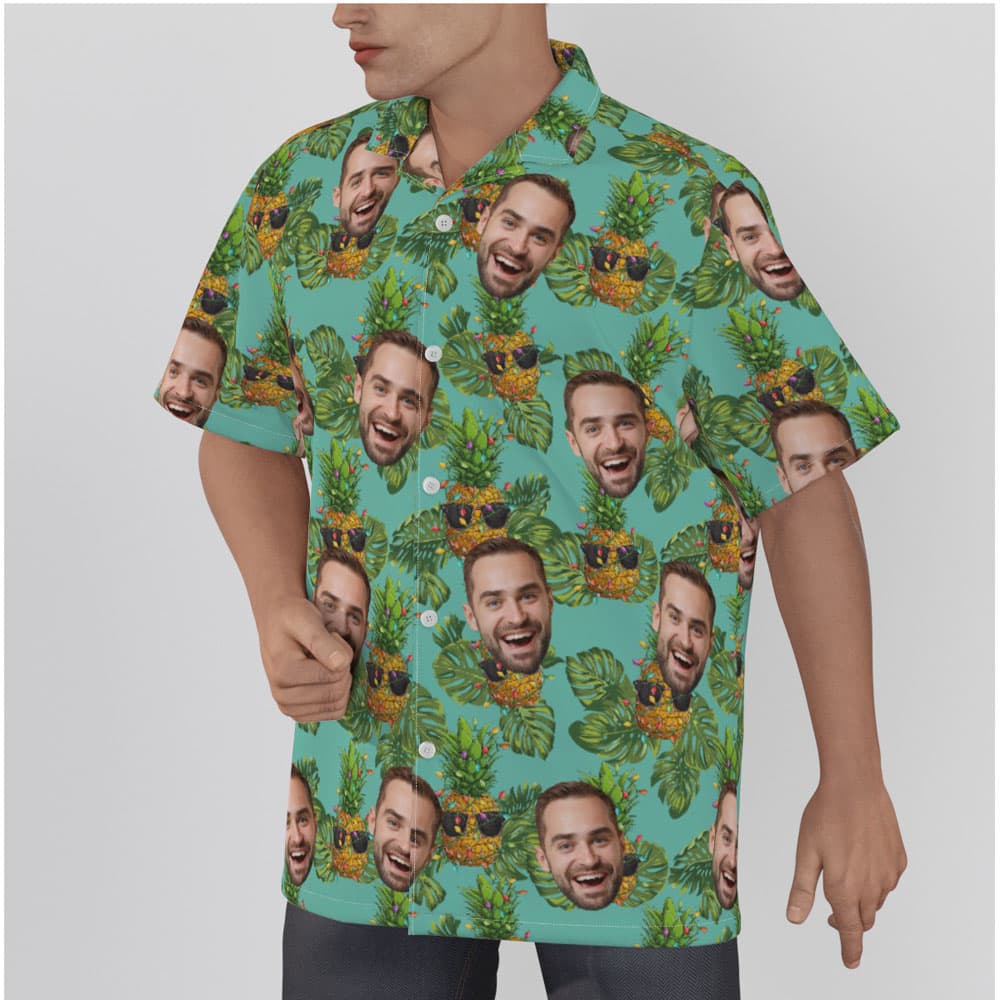 Christmas Pineapple Custom Face Blue Hawaiian Shirt